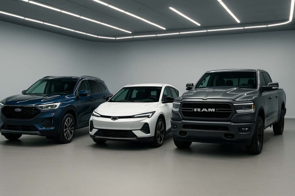 2025 Ford SUV, Chevrolet EV, and RAM truck in a minimalist showroom.