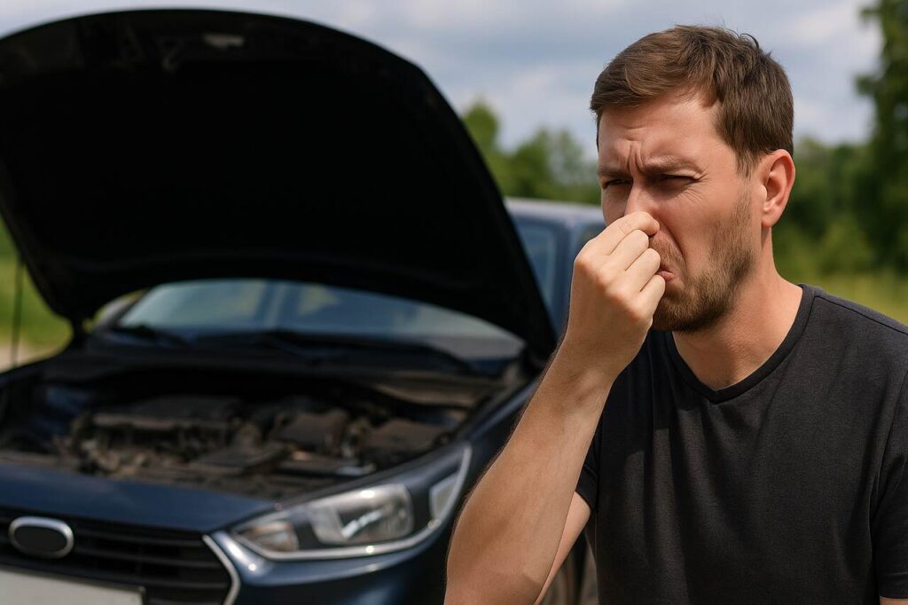 Man pinching nose near open car hood due to bad smell.