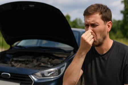 Man pinching nose near open car hood due to bad smell.