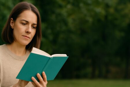 Woman reading a teal book outdoors.