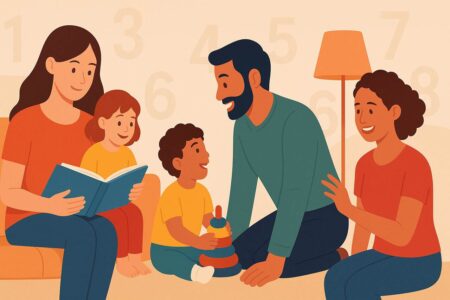 Diverse modern family bonding through play, conversation, and learning activities.