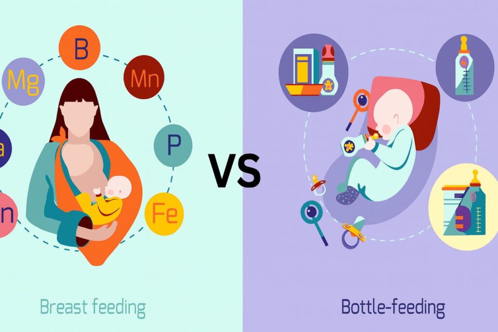 Mother breastfeeding and another preparing formula bottle in cozy home setting.