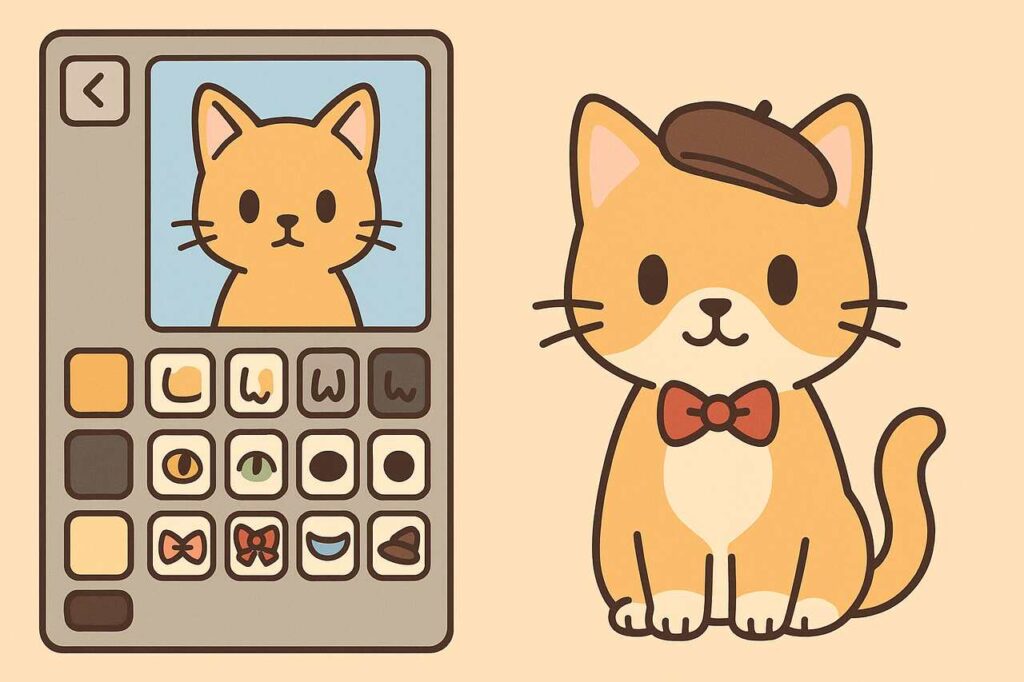 Cat avatar being created with Picrew-style customization interface.
