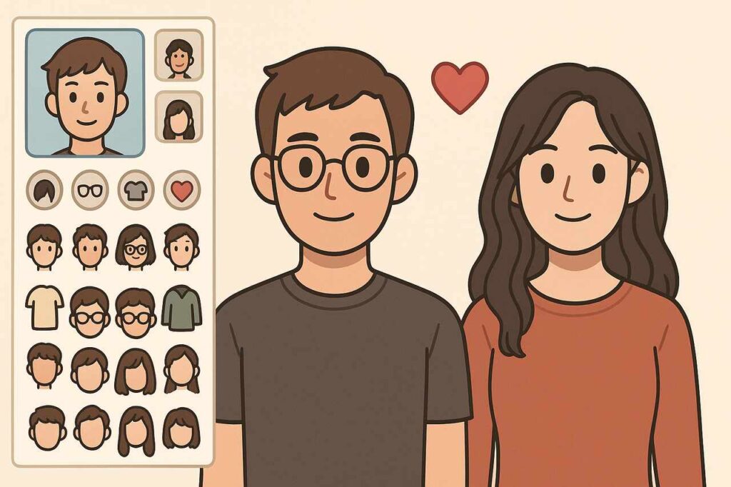 Picrew couple avatars being customized side-by-side.