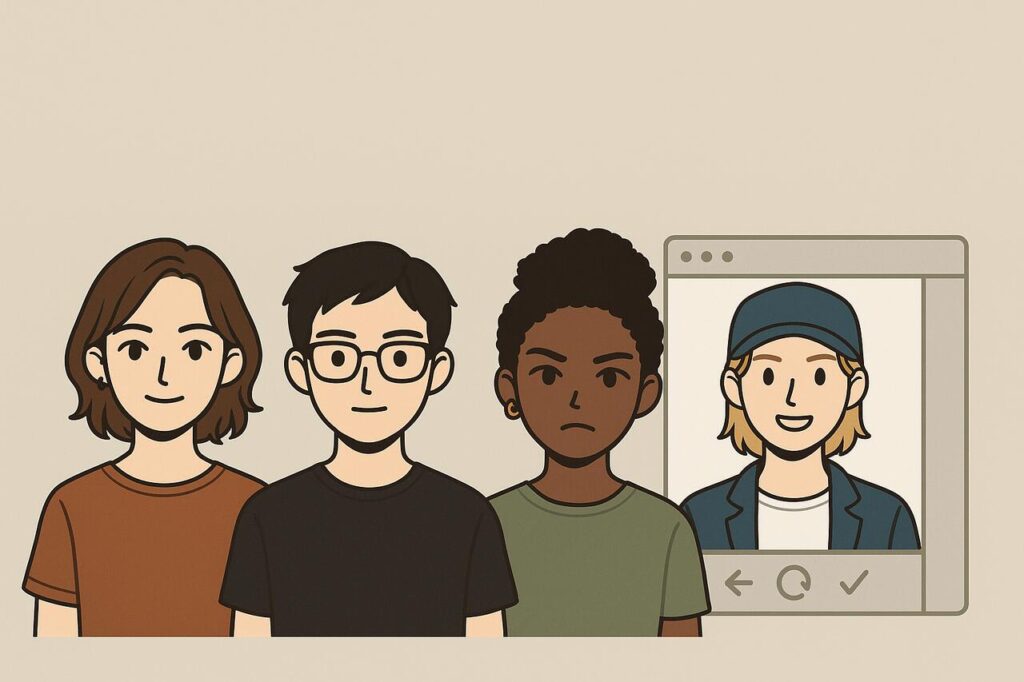 Custom Picrew avatars with diverse styles and ethical creation theme.