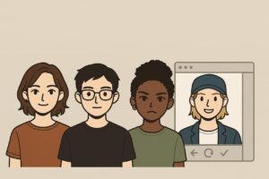 Custom Picrew avatars with diverse styles and ethical creation theme.