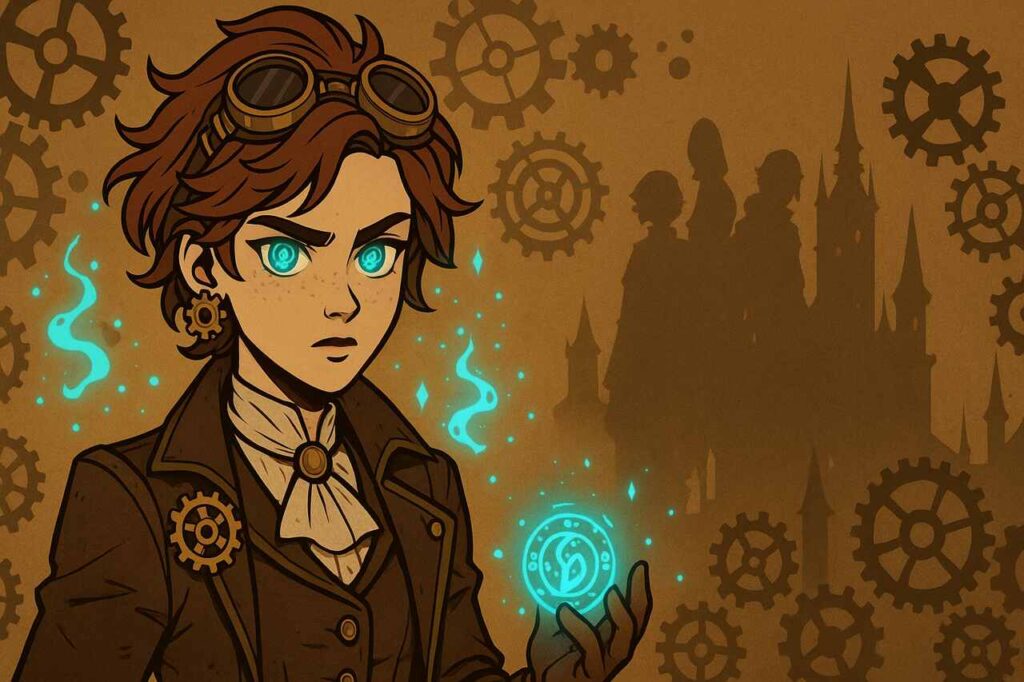 Steampunk Arcane OC design with gears, magic, and Victorian fantasy style.