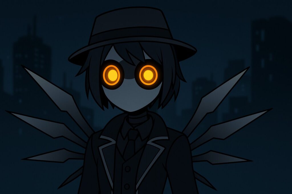 Murder Drones OC design with glowing robotic eyes and cyberpunk details.
