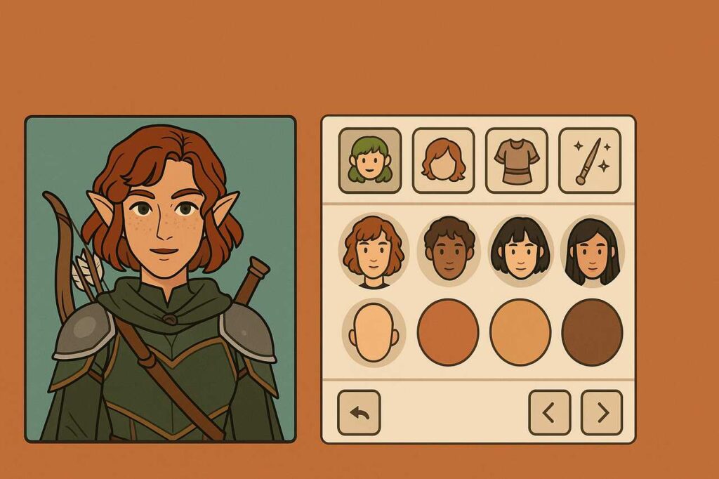Creating a DnD fantasy avatar using Picrew character builder interface.