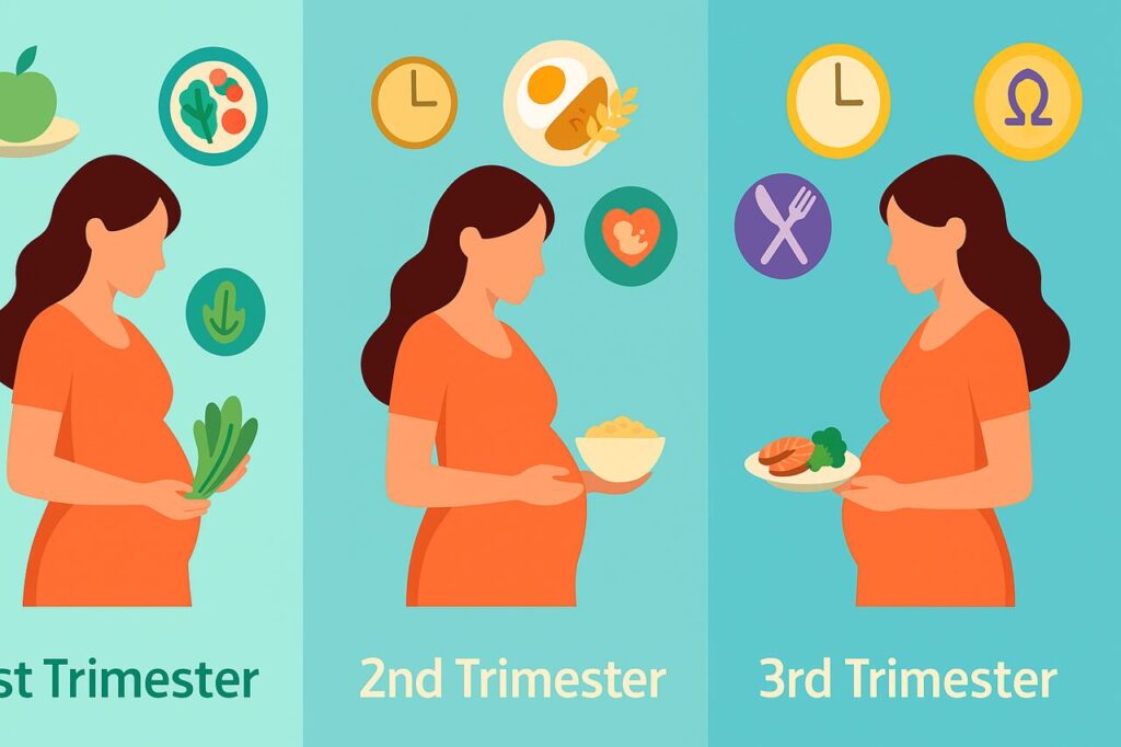 Pregnant woman in three stages holding healthy foods with nutrient and timing icons.
