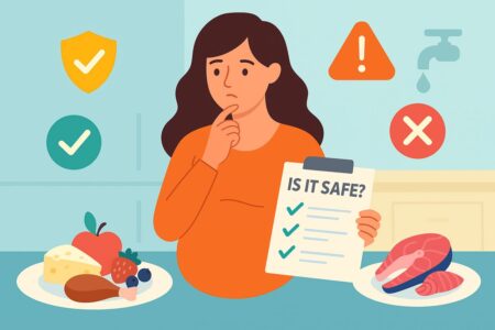 Pregnant woman reviewing food safety checklist next to safe and risky food plates.