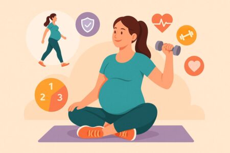 Pregnant woman working out safely with fitness and health benefit icons.