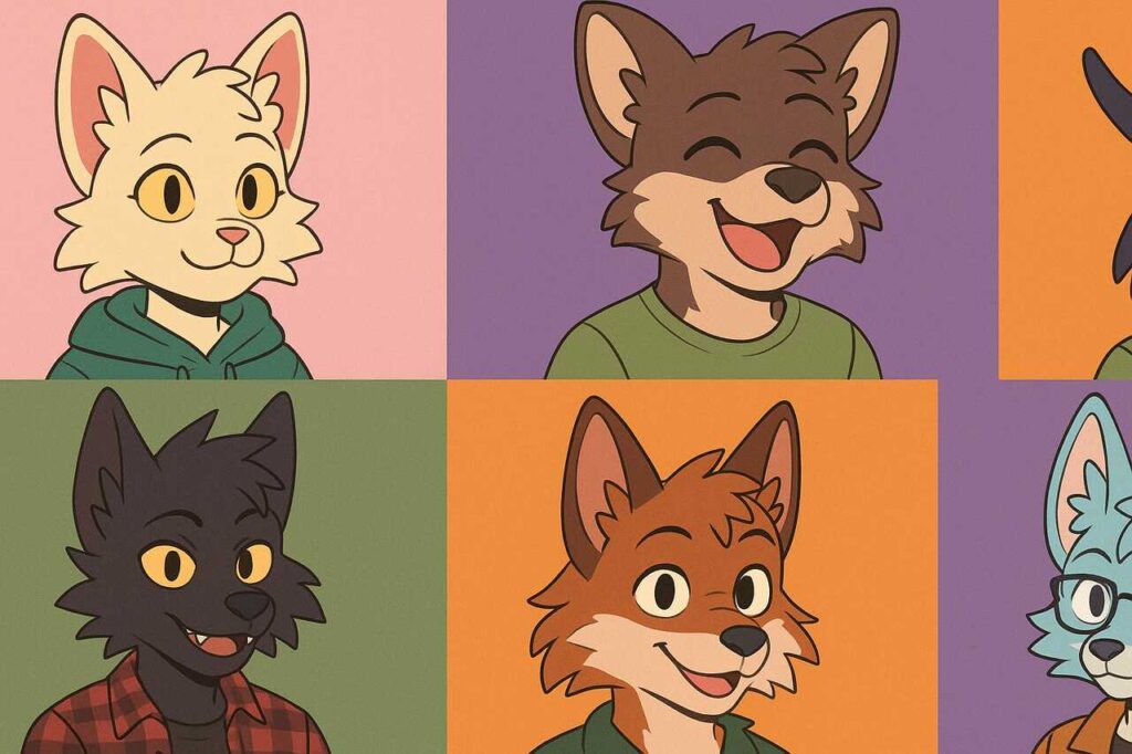 Furry Picrew avatars in different styles and outfits