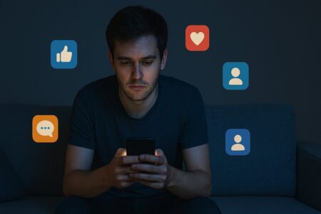 Man on sofa at night using phone with social media icons around.