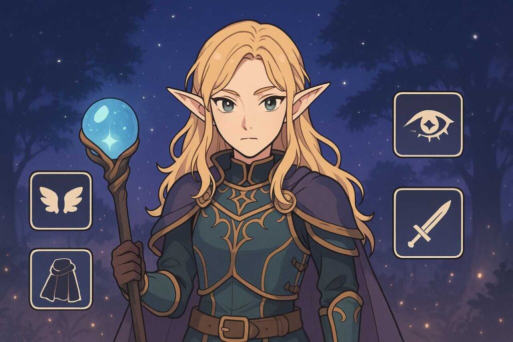 Fantasy anime-style avatar with magical gear and customization icons.