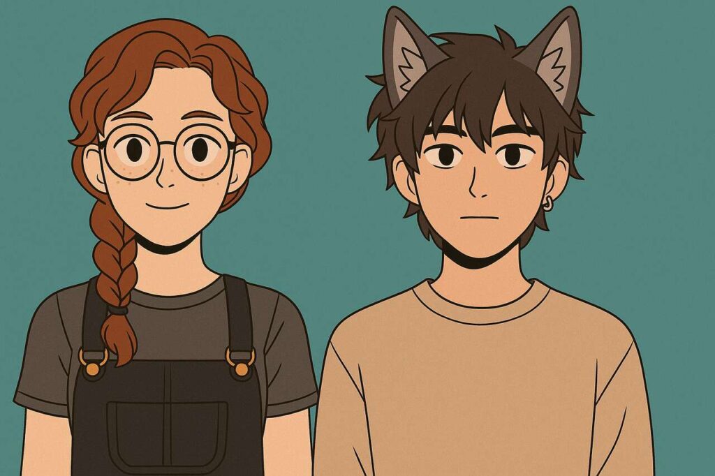 Two Picrew-style original characters, one human girl and one wolf-boy, on a green background.