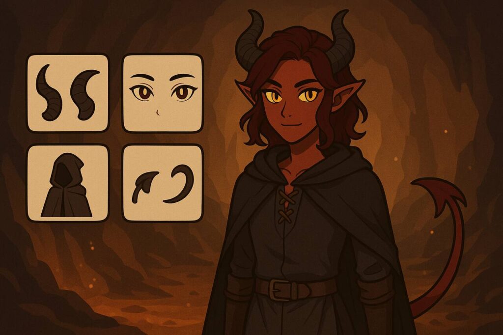 Tiefling anime-style avatar with horns, tail, and fantasy UI customization icons.