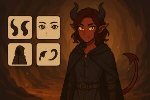 Tiefling anime-style avatar with horns, tail, and fantasy UI customization icons.