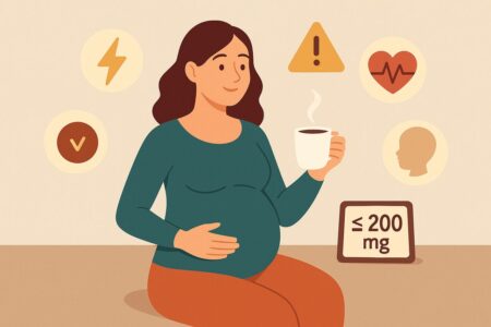 Pregnant woman drinking coffee with icons for caffeine safety, heart, and baby.