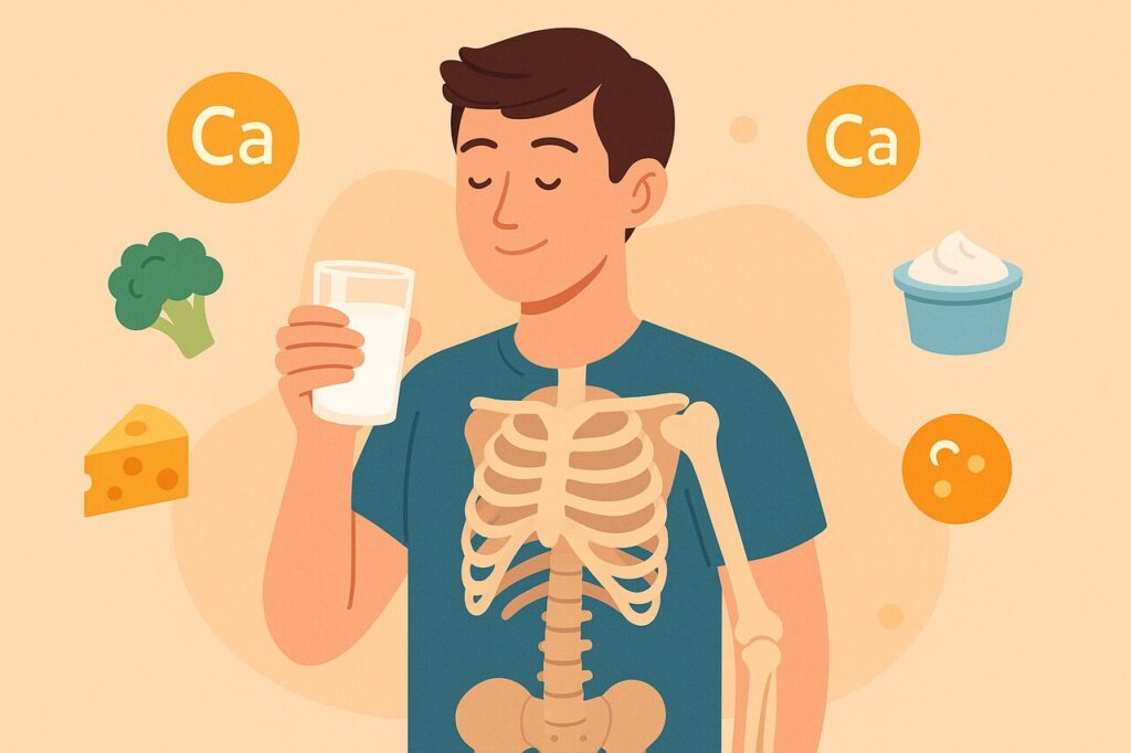 Man holding milk with bone structure visible and calcium-rich food icons around.