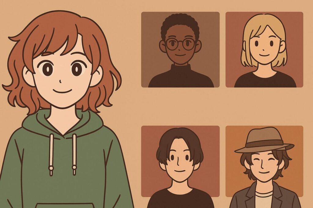Anime-style character maker with diverse avatar samples and title text on a tan background.