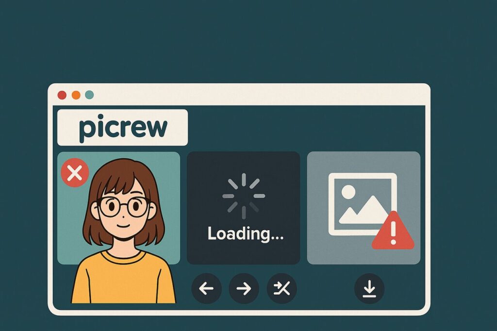Picrew interface showing common issues like loading errors and image upload problems.