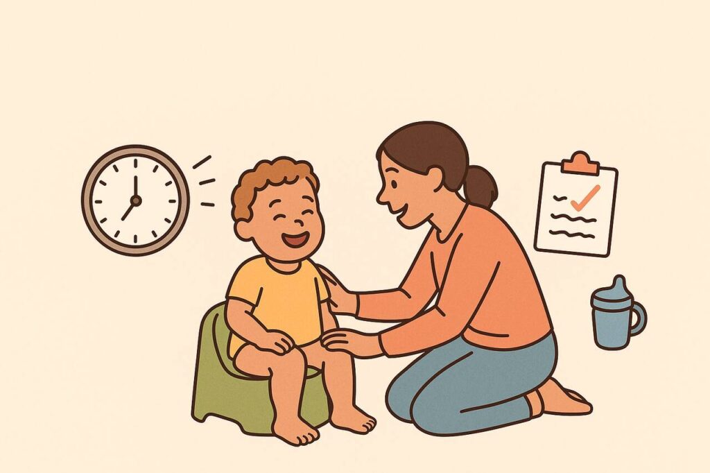 Happy toddler being potty trained with parent's help and training cues.