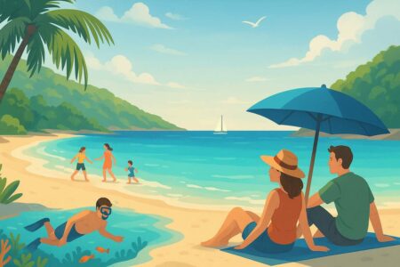 Scenic view of St. Thomas beaches with various activities and tropical backdrop.