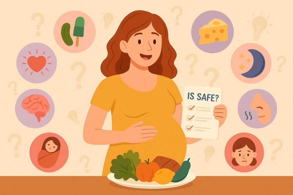 Pregnant woman with icons showing surprising pregnancy facts like cravings and mood changes.