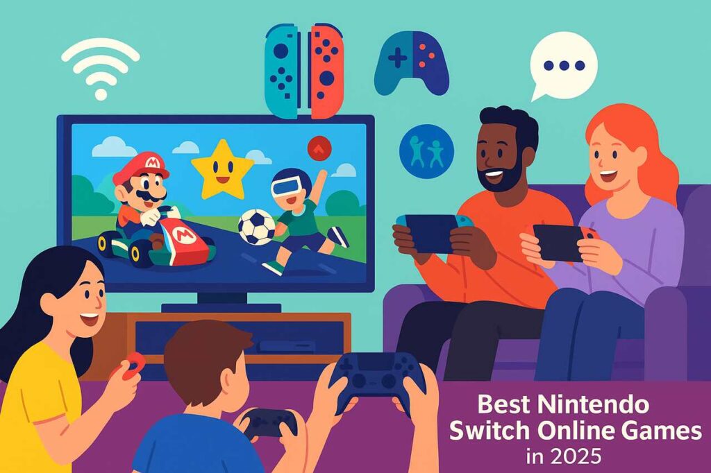 Friends playing Nintendo Switch multiplayer games with fun characters and social play icons.