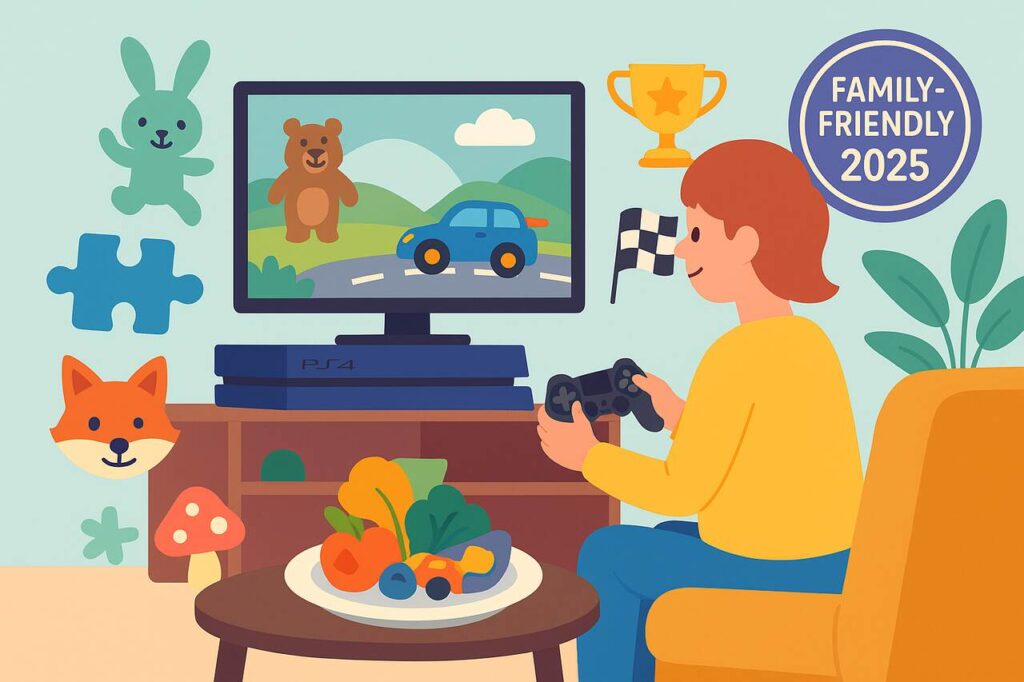 Child playing PS4 surrounded by fun and safe video game elements with a Family-Friendly 2025 badge.