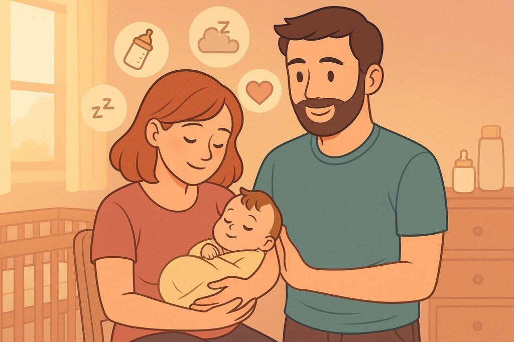 First-time parents with newborn surrounded by baby essentials and icons.