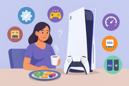 PlayStation 5 console with controller and feature icons for tips, speed, and comparison.