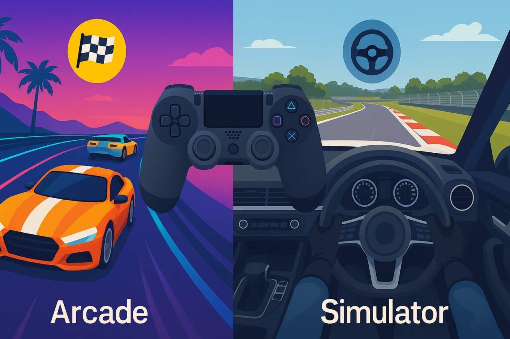 Split image of PS4 arcade racer and realistic simulator with a controller in the middle.