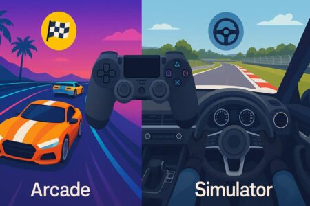 Split image of PS4 arcade racer and realistic simulator with a controller in the middle.