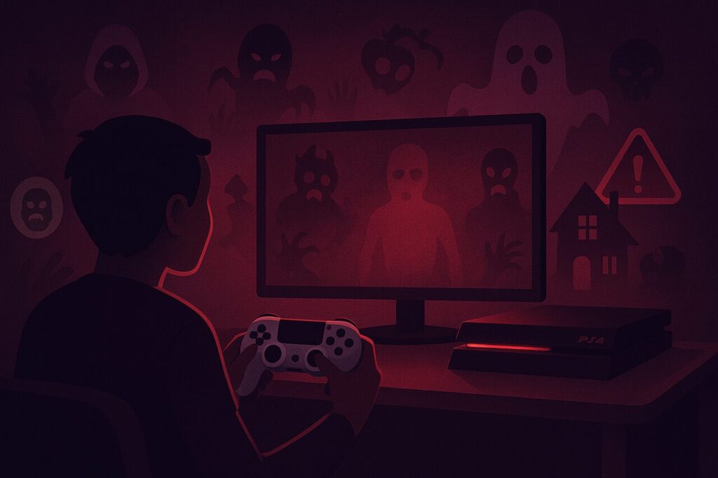 Gamer holding PS4 controller in dark room with horror icons and eerie screen glow.