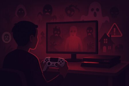 Gamer holding PS4 controller in dark room with horror icons and eerie screen glow.