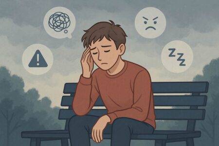 Stressed person sitting on bench with floating stress symptom icons.