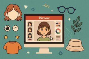 Picrew avatar maker interface on screen with avatar customization elements.
