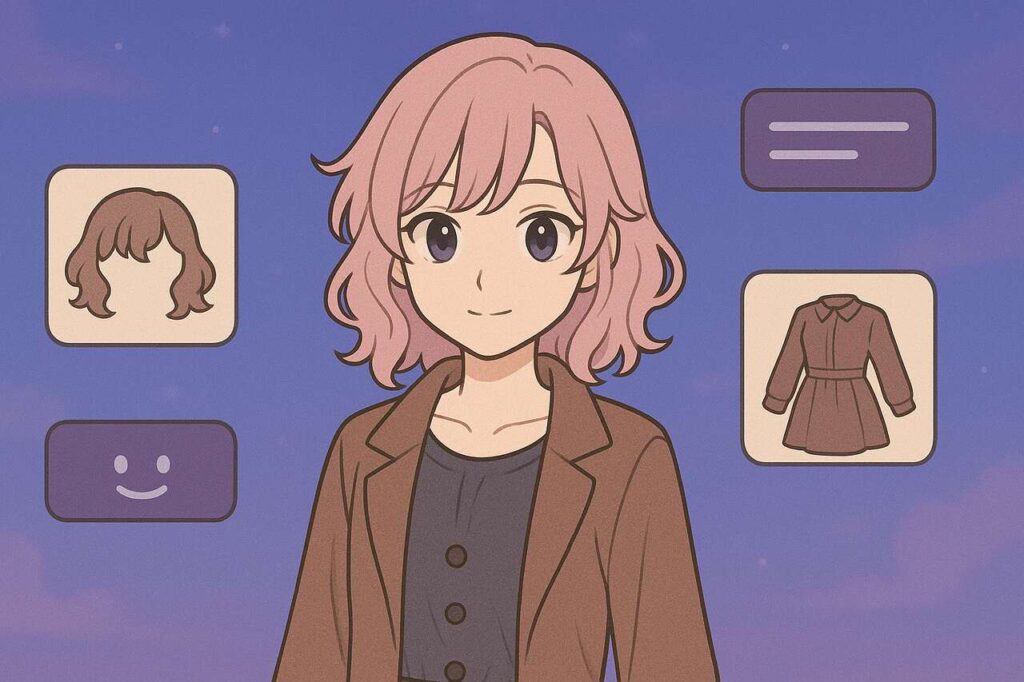 Yaelokre OC character with customization options in a soft anime art style.
