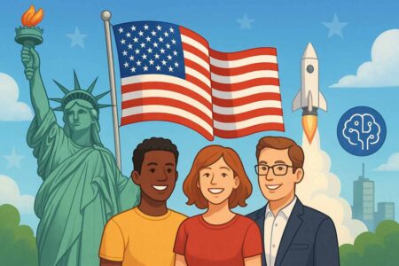 Statue of Liberty, U.S. flag, diverse group, and rocket launch representing U.S. greatness.