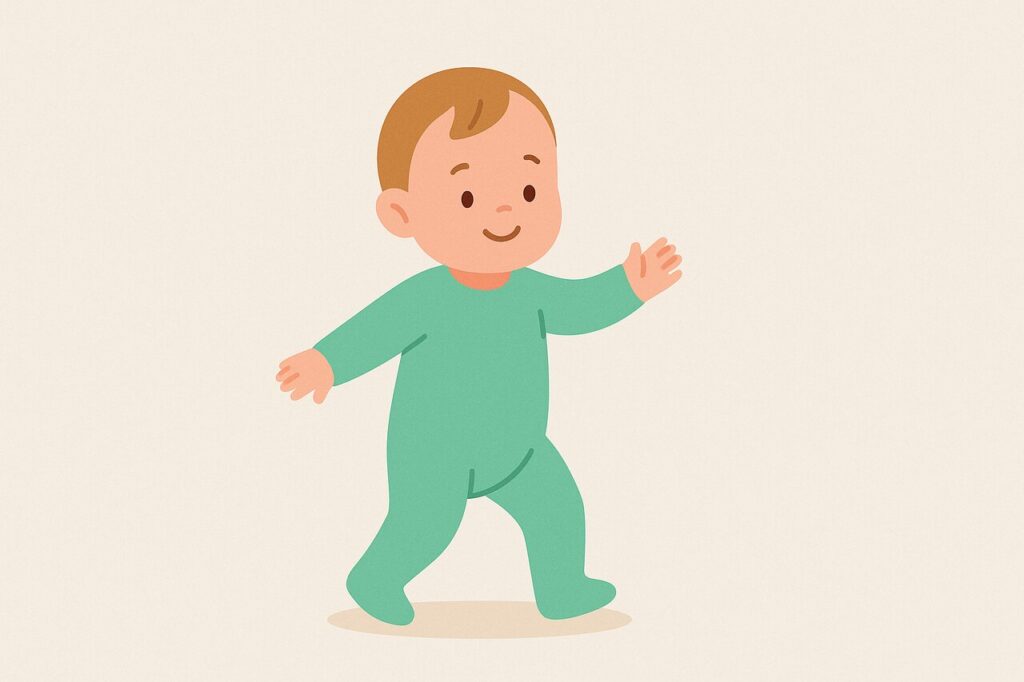Baby taking first steps in green onesie with walking age range shown.