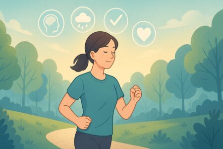 Woman running in nature with icons representing mental benefits of exercise.