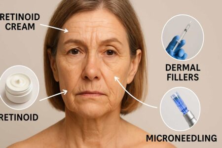 Non-surgical treatments for deep facial wrinkles on a mature woman.