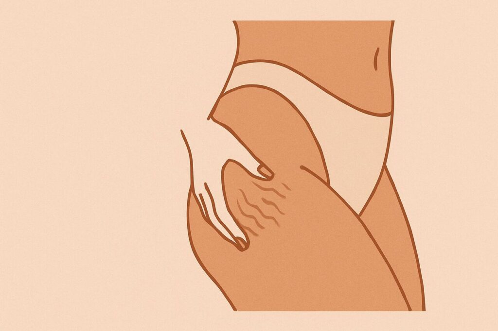 Minimalist illustration of a woman’s thigh showing cellulite texture.
