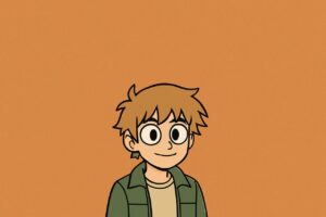 Scott Pilgrim-style cartoon avatar on an orange background