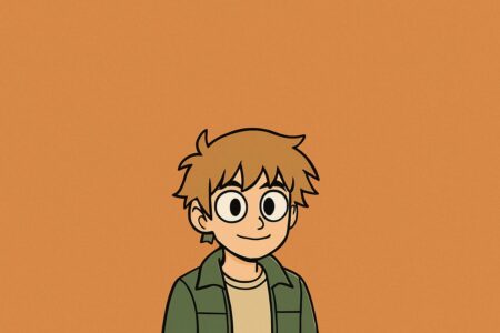 Scott Pilgrim-style cartoon avatar on an orange background