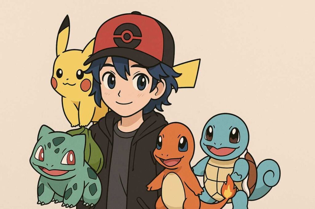 Pokémon Picrew trainer with Pikachu, Bulbasaur, Charmander, and Squirtle.