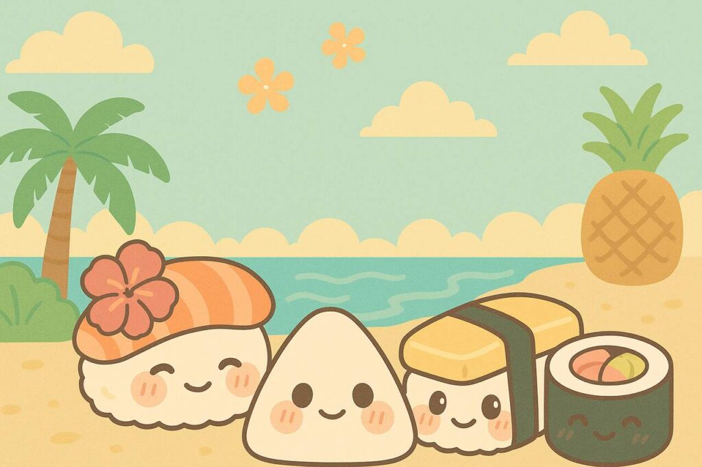 Cute Aloha Sushicore Picrew guide cover with sushi-inspired kawaii characters.
