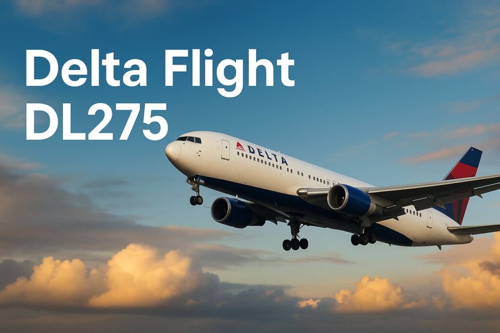 Headline image showing Delta Flight DL275 diversion news in bold text on dark background.